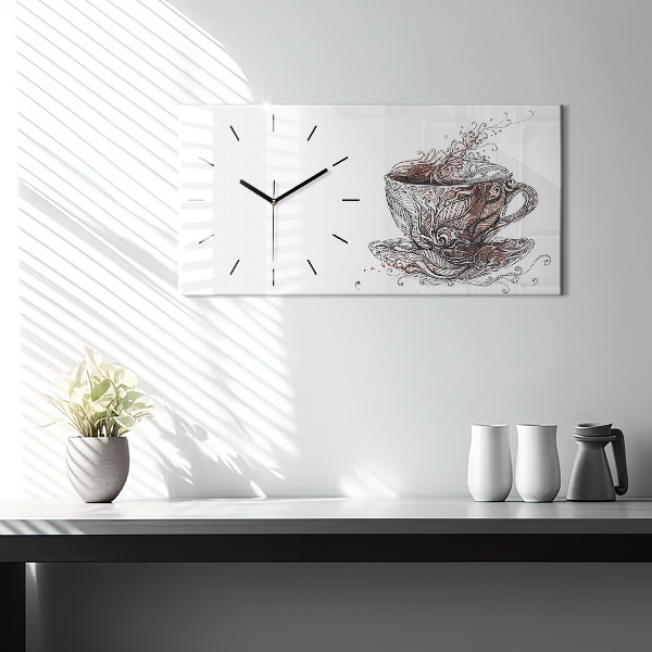 Horizontální hodiny na skle Šálek kávy