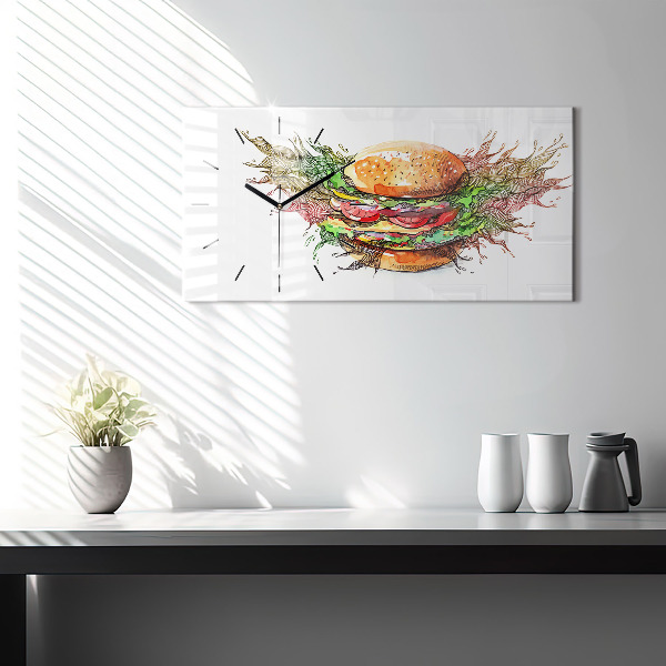 Horizontální hodiny na skle XXL sýrový hamburger
