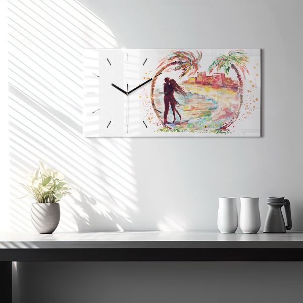 Horizontální hodiny na skle Akvarel Láska na pláži v Miami