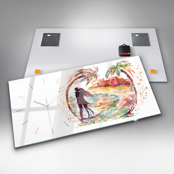 Horizontální hodiny na skle Akvarel Láska na pláži v Miami