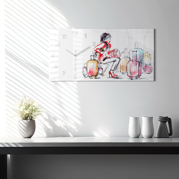 Horizontální hodiny na skle Žena cestuje s kufrem