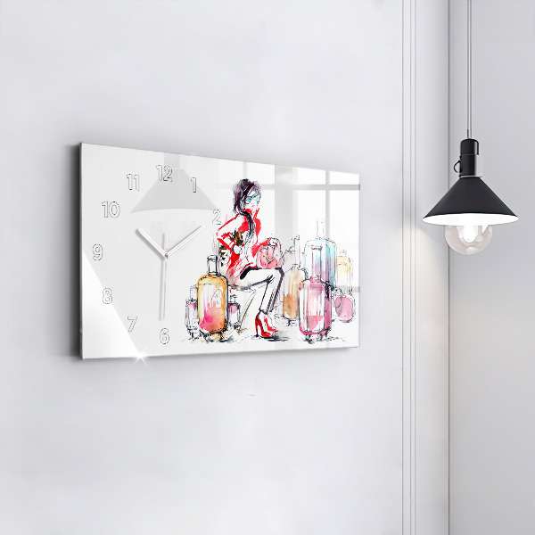 Horizontální hodiny na skle Žena cestuje s kufrem