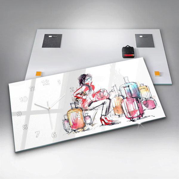 Horizontální hodiny na skle Žena cestuje s kufrem