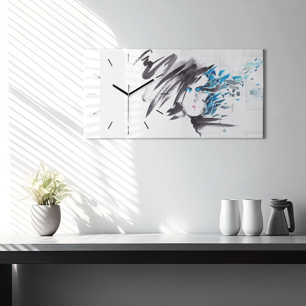 Horizontální hodiny na skle Abstraktní tvář ženy
