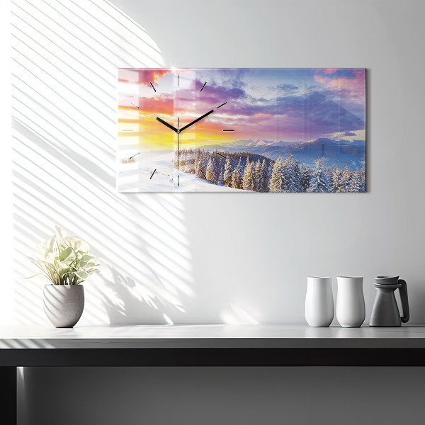 Horizontální hodiny na skle Zimní horská krajina