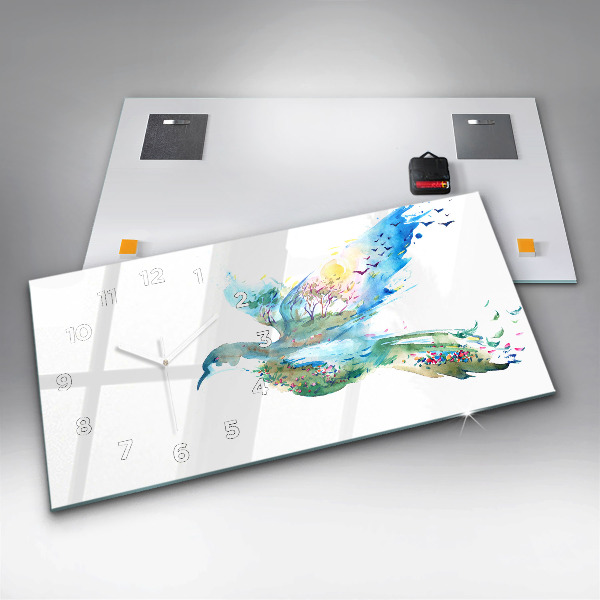 Horizontální hodiny na skle Pták a jarní abstrakce
