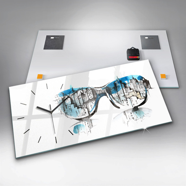 Horizontální hodiny na skle Město v brýlích