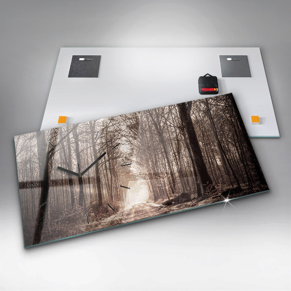 Horizontální hodiny na skle Lesní cesta v sépiové barvě