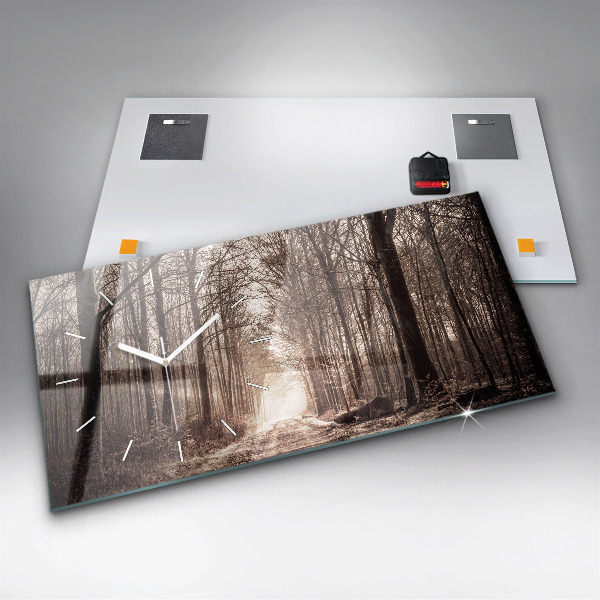 Horizontální hodiny na skle Lesní cesta v sépiové barvě