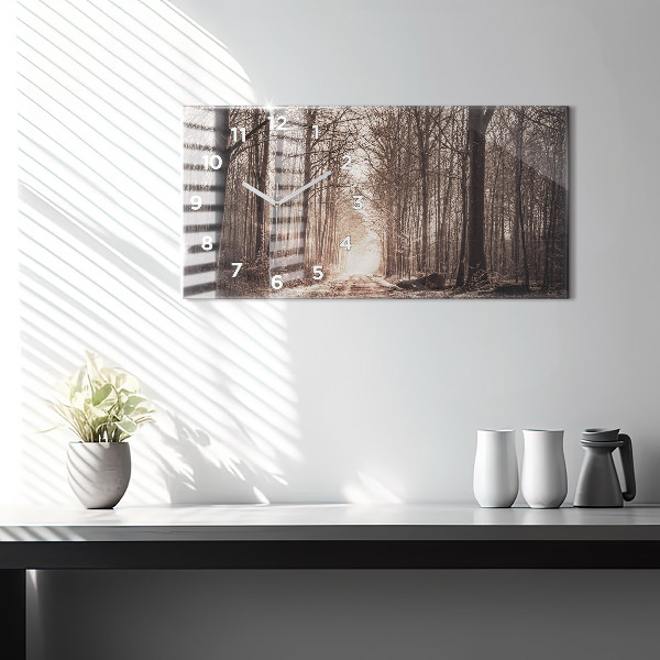 Horizontální hodiny na skle Lesní cesta v sépiové barvě