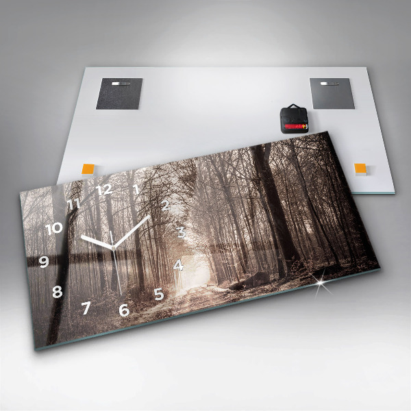 Horizontální hodiny na skle Lesní cesta v sépiové barvě