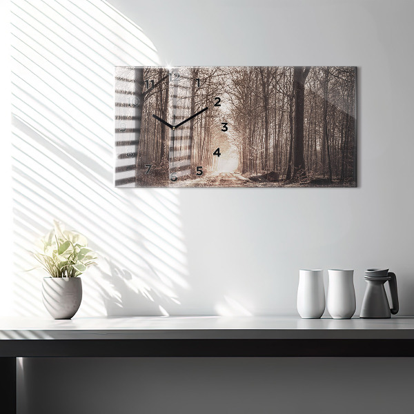 Horizontální hodiny na skle Lesní cesta v sépiové barvě