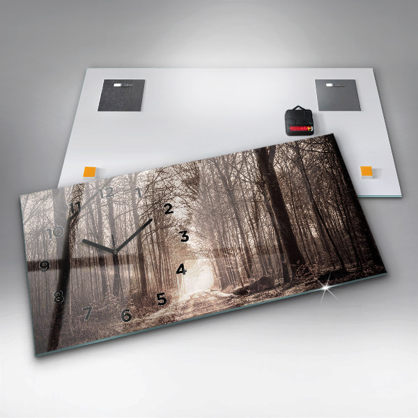 Horizontální hodiny na skle Lesní cesta v sépiové barvě