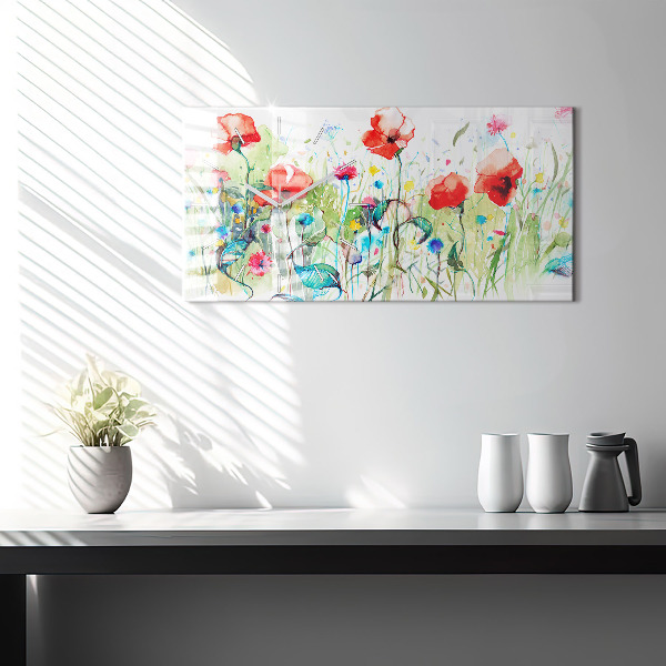 Horizontální hodiny na skle Vlčí máky na louce