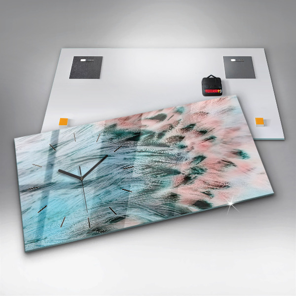 Horizontální hodiny na skle Barevné peří