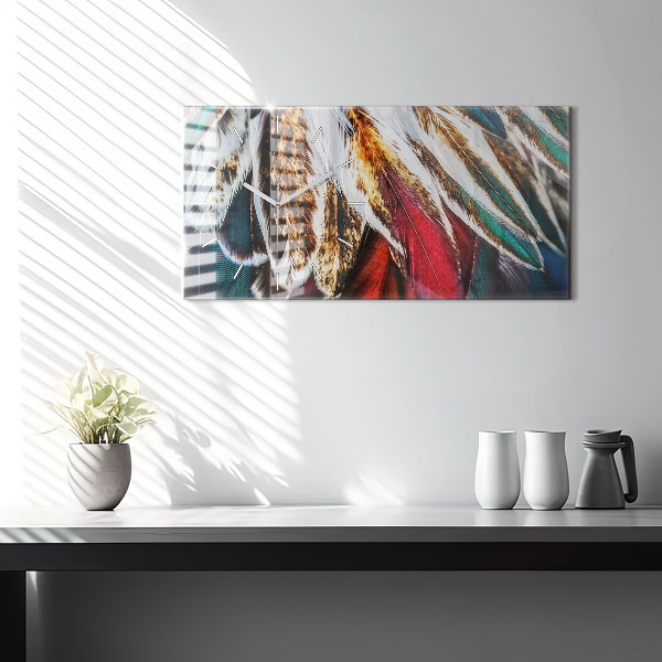 Horizontální hodiny na skle Světle hnědé ptačí peří