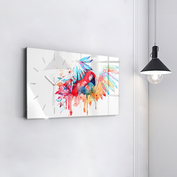 Horizontální hodiny na skle Barevný červený papoušek