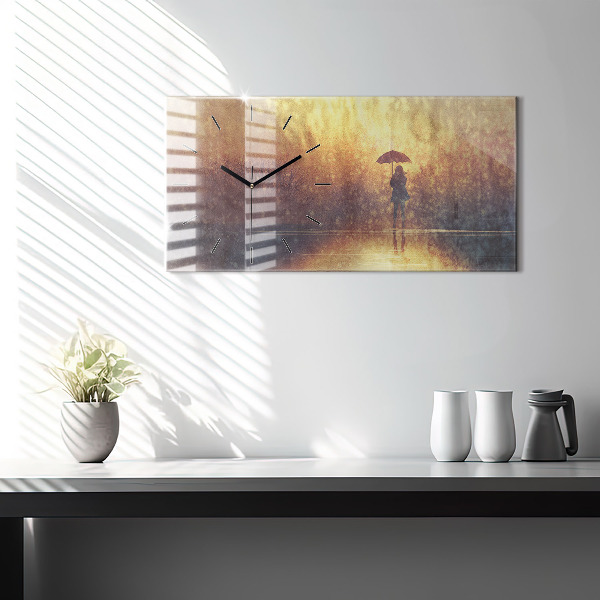 Horizontální hodiny na skle žena s deštníkem