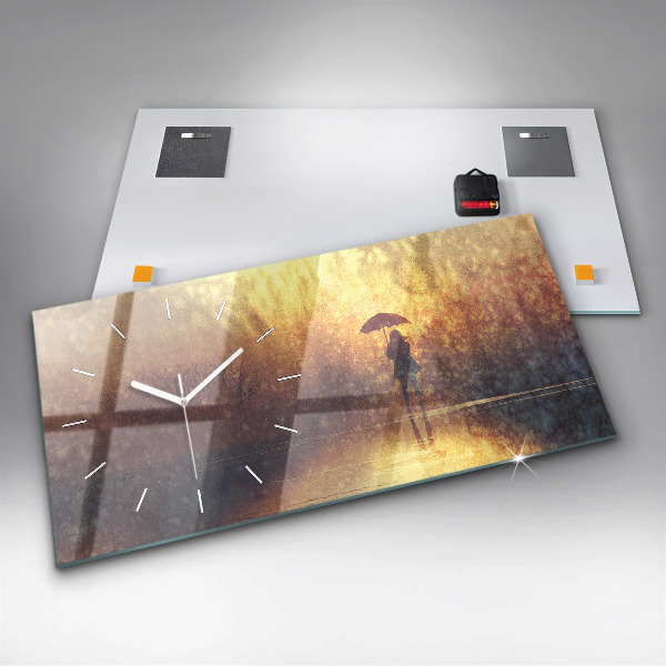 Horizontální hodiny na skle žena s deštníkem