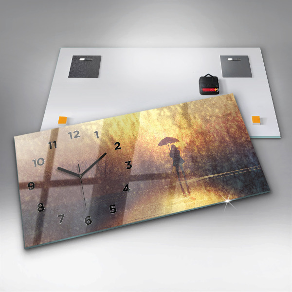 Horizontální hodiny na skle žena s deštníkem