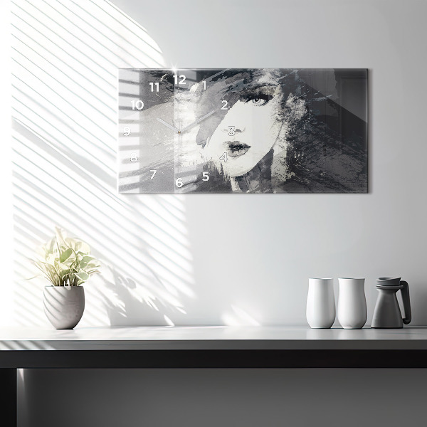 Horizontální hodiny na skle Žena - akvarel