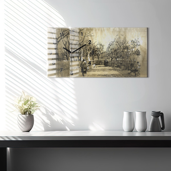 Horizontální hodiny na skle Park a stromy v sépiové barvě