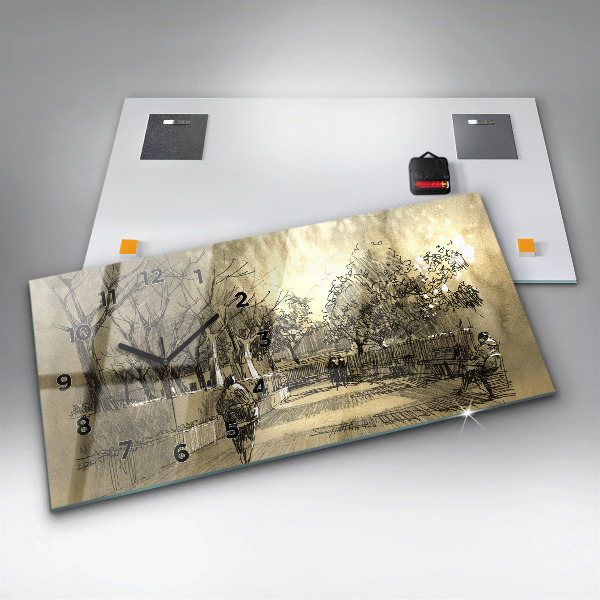 Horizontální hodiny na skle Park a stromy v sépiové barvě