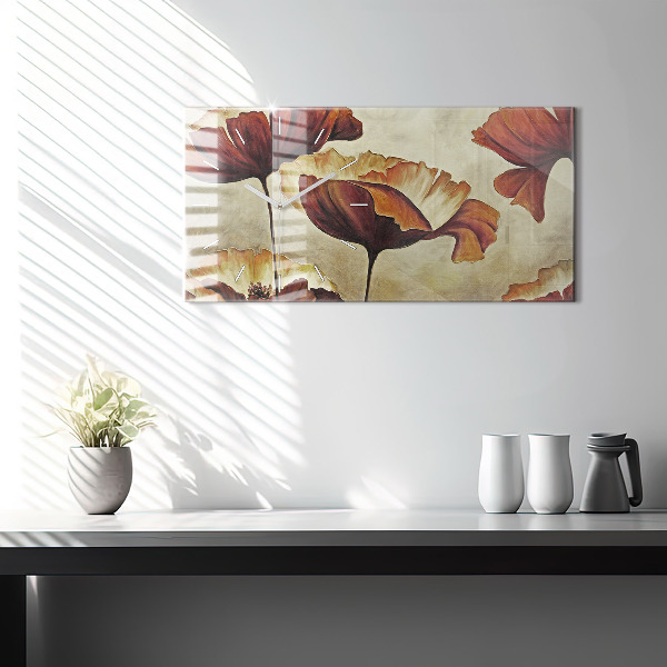 Horizontální hodiny na skle Malované máky