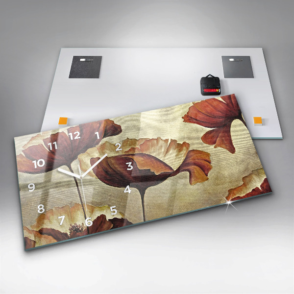 Horizontální hodiny na skle Malované máky