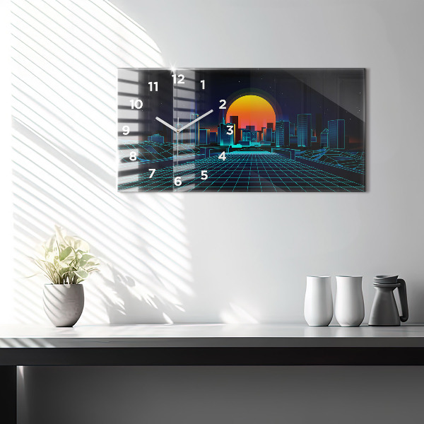 Horizontální skleněné hodiny na stěnu Město v kyberprostoru