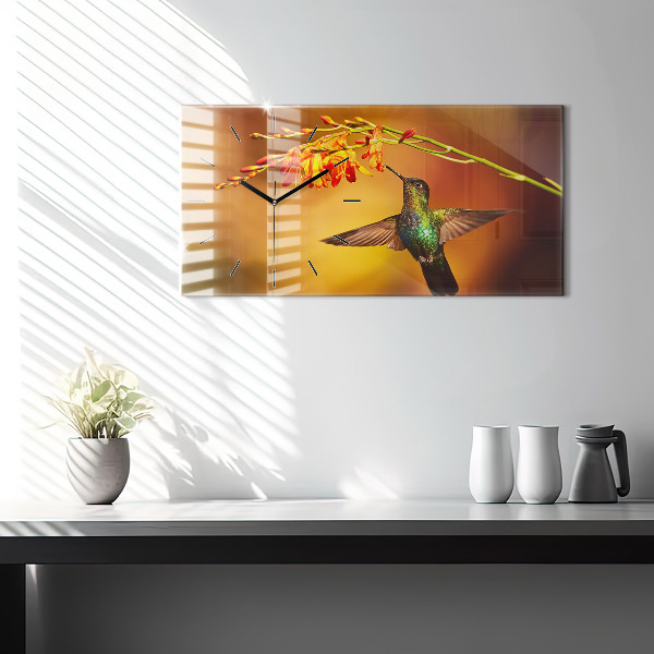Horizontální skleněné hodiny na stěnu Kolibřík Pták