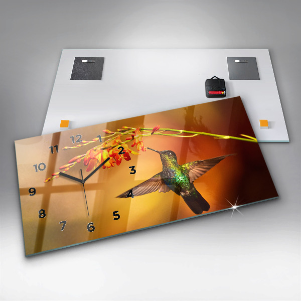 Horizontální skleněné hodiny na stěnu Kolibřík Pták