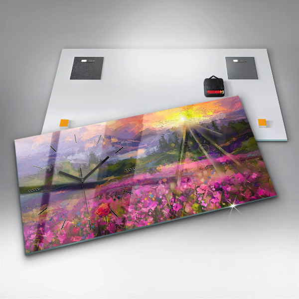 Horizontální skleněné hodiny na stěnu Krajina přírody a květin