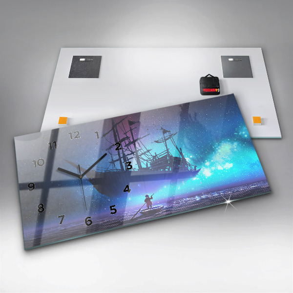 Horizontální skleněné hodiny na stěnu Fantasy plachetnice