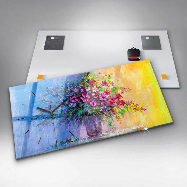 Horizontální skleněné hodiny na stěnu Květiny ve váze