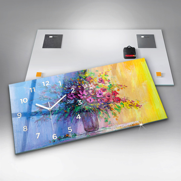 Horizontální skleněné hodiny na stěnu Květiny ve váze