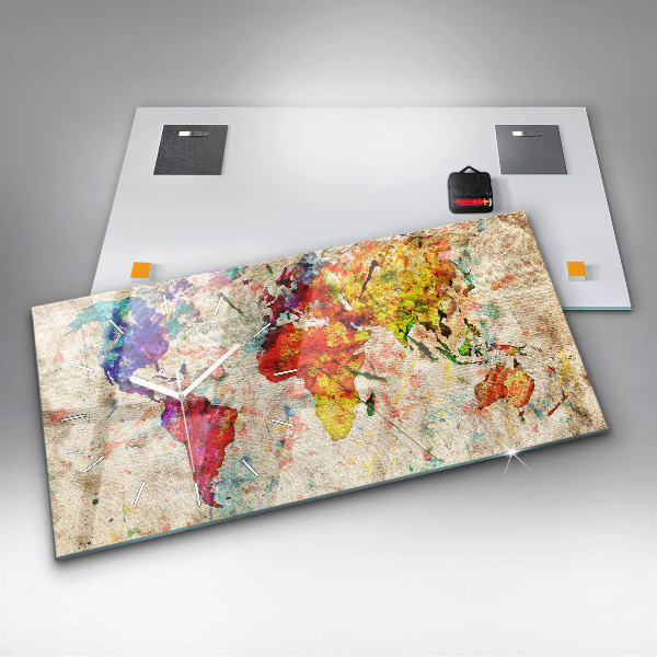 Horizontální hodiny na skle Barevná mapa světa