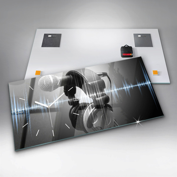 Horizontální hodiny na skle Mikrofon a sluchátka