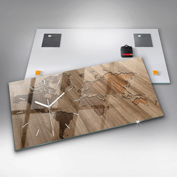 Horizontální hodiny na skle Mapa světa na dřevě