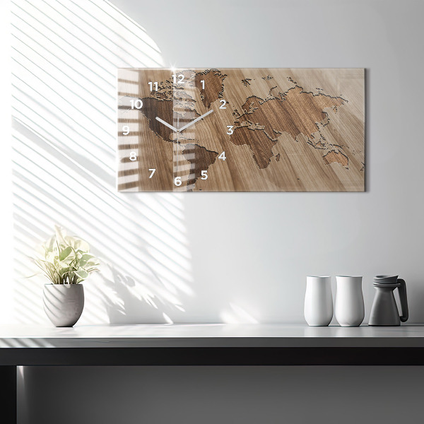 Horizontální hodiny na skle Mapa světa na dřevě