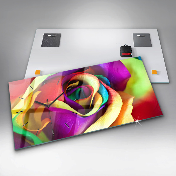 Horizontální hodiny na skle Duhová růže