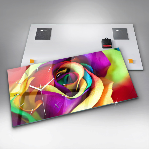 Horizontální hodiny na skle Duhová růže