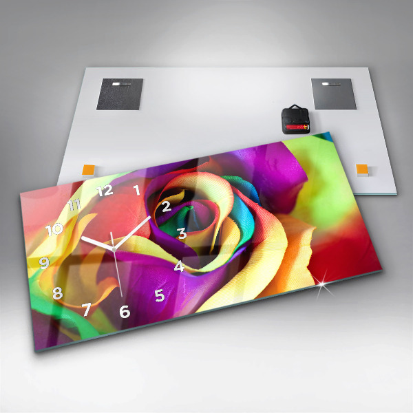 Horizontální hodiny na skle Duhová růže