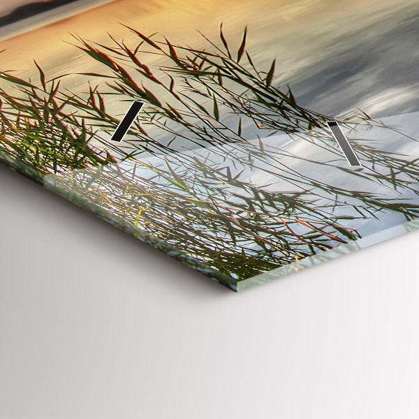 Horizontální hodiny na skle Jezero se západem slunce