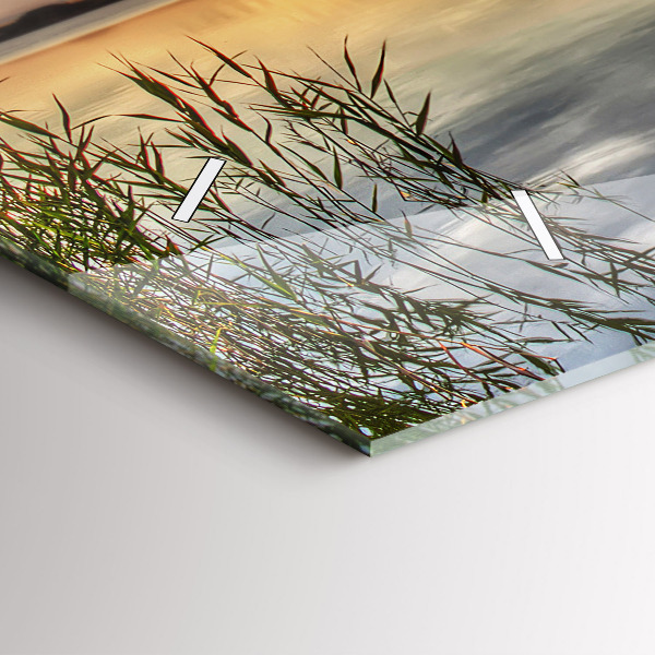 Horizontální hodiny na skle Jezero se západem slunce