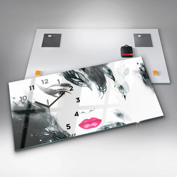 Horizontální skleněné hodiny na stěnu Portrét ženy s červenými rty