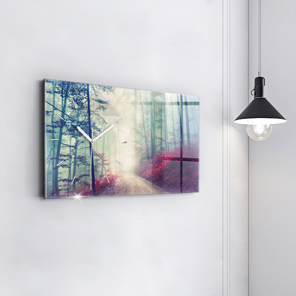 Horizontální skleněné hodiny na stěnu Podzimní cesta Lesní mlha