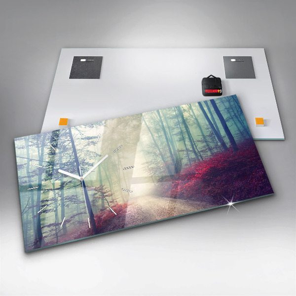 Horizontální skleněné hodiny na stěnu Podzimní cesta Lesní mlha