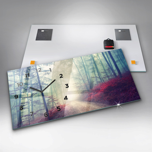 Horizontální skleněné hodiny na stěnu Podzimní cesta Lesní mlha