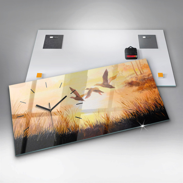 Horizontální skleněné hodiny na stěnu Jeřábi při západu slunce